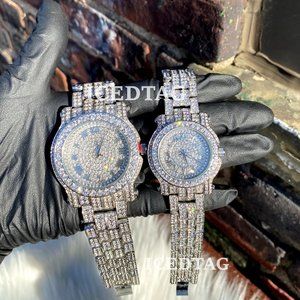 Couples Matching Iced Out White Gold PT Watch Set